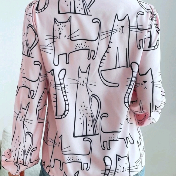 Cat Print Button Front Blouse - Picture 2 of 9